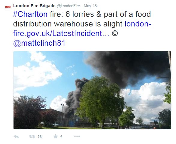 Tweet about the fire at Sainsbury's depot 