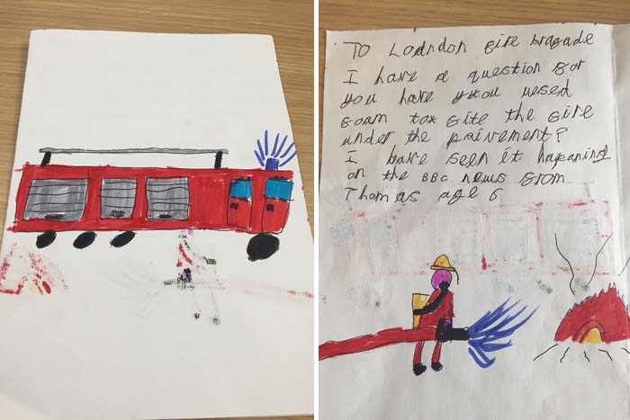 Child's drawing of a fire engine and a firefighter putting out a fire