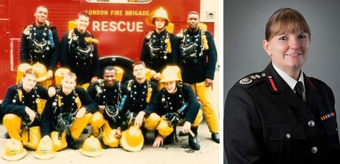 One half of the image is of Dany Cotton when she first joined London Fire Brigade in 1989 with her crew alongside this is a recent photo of Dany in dress uniform