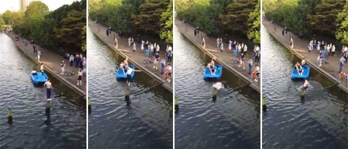 Four small images of people in and around the Serpentine in Summer 