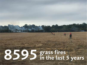 Picture of firefighters walking through dry grass which has some smoke in the background 