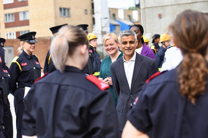 Mayor of London Sadiq Khan, Deputy Mayor Dr Fiona Twycross with Fire Cadets