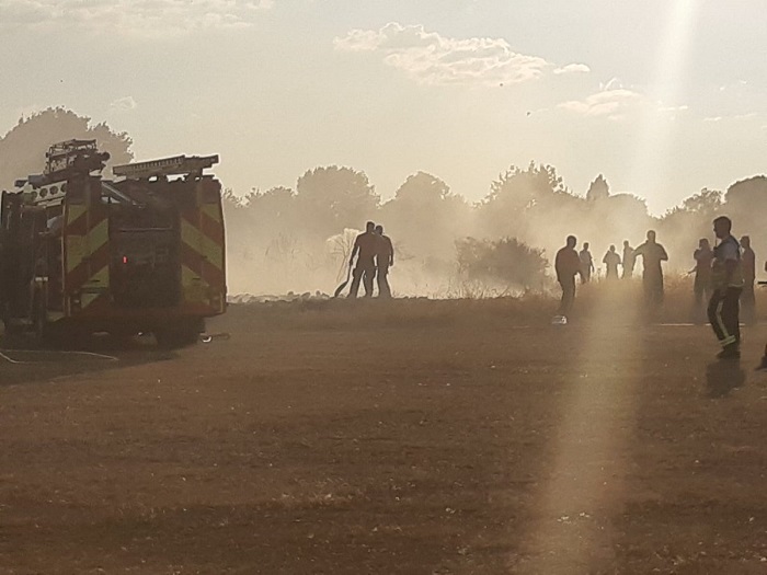 Firefighters tackling a grass fire.