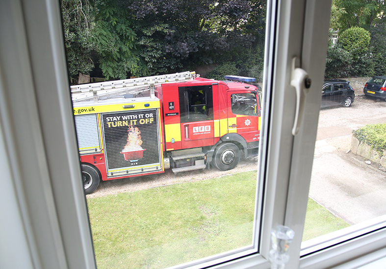 Fire engine parked outside a home