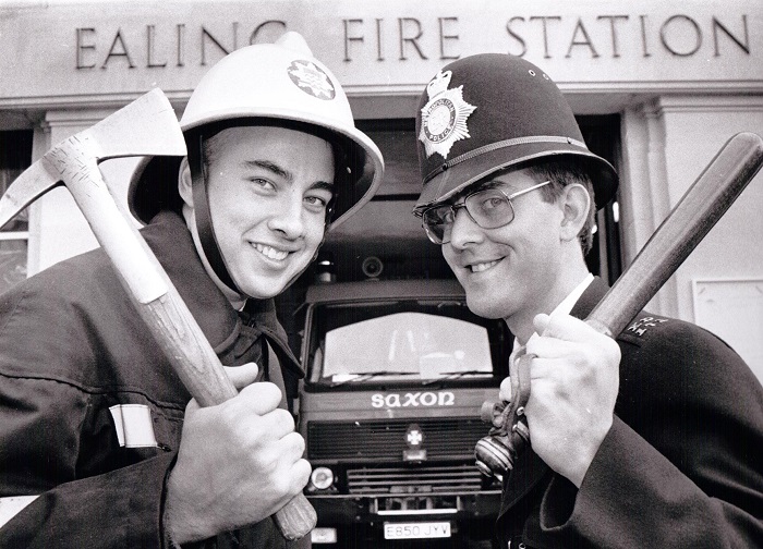 Tom with a PC outside Ealing Fire Station in 1988