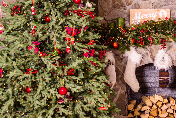 Christmas tree next to a festive fire place