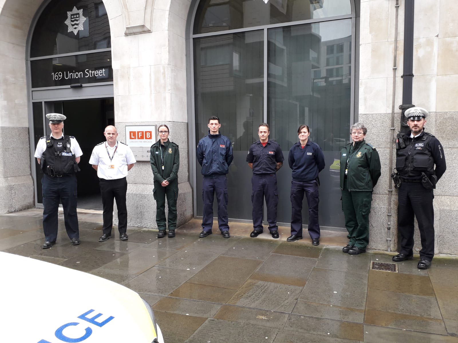 Emergency services staff outside Brigade HQ.