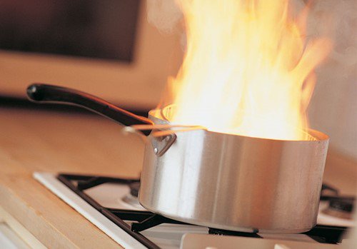 Saucepan on fire on a hob