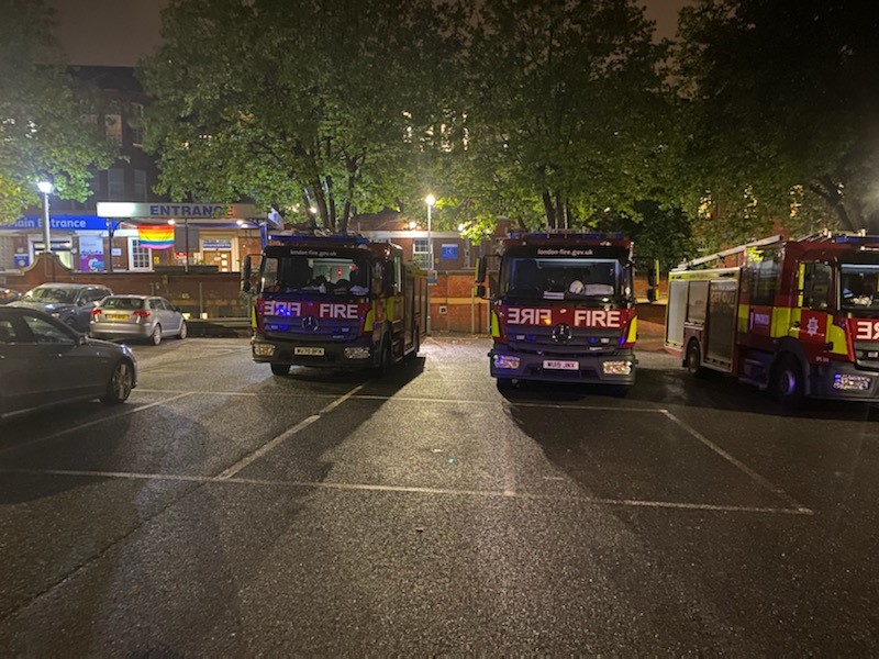 Fire engines parked outside of Whipps Cross Hospital