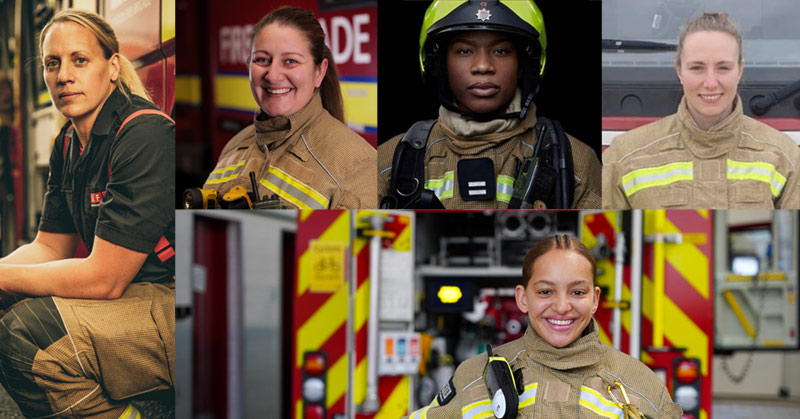 A collage of photos of female firefighters in uniform