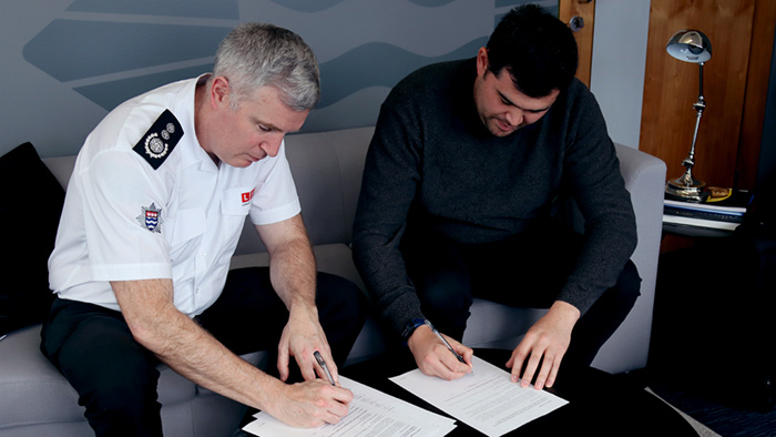 London Fire Commissioner Andy Roe signing a Joint Collective Agreement with the Fire Brigade’s Unio