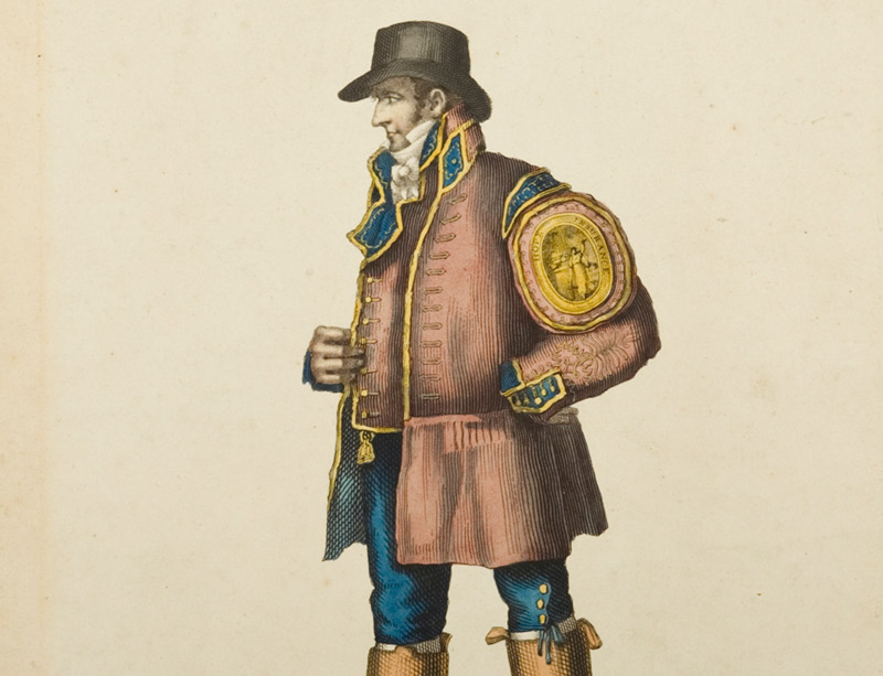 Illustration of a firefighter from the Hope Fire and Life Assurance Company, early 1800s.