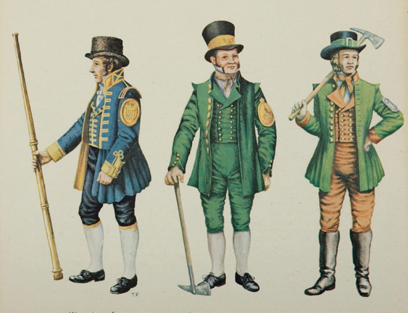 Illustrations of a Westminster fireman, a Royal Exchange fireman, and an Atlas fireman.