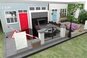 A CGI image of the LFB stand at Chelsea Flower Show showing a flooded front garden on the left and a dry front garden on the right.