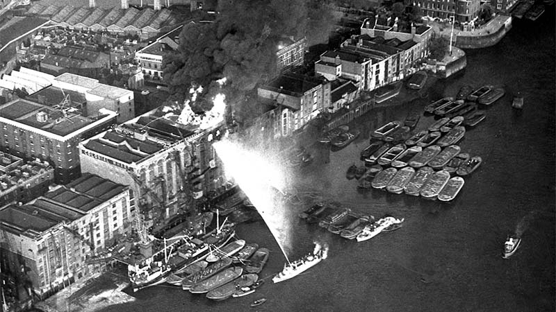 An aerial photo of the Massey Shaw at the Colonial Wharf Fire