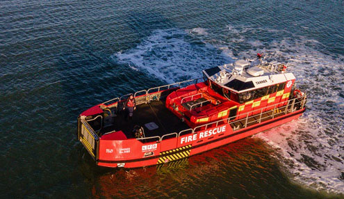 An aerial shot of the London Fire Boat Tanner