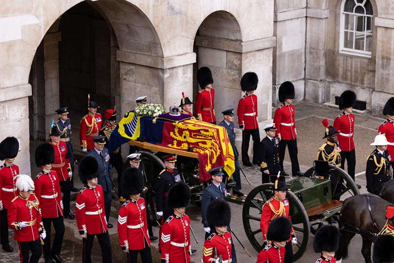 The Coffin of Her Majesty Queen Elizabeth II, passes through Horse Guards.