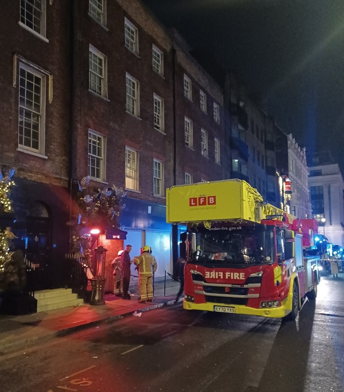 Fire engines outside of a restaurant in Mayfair