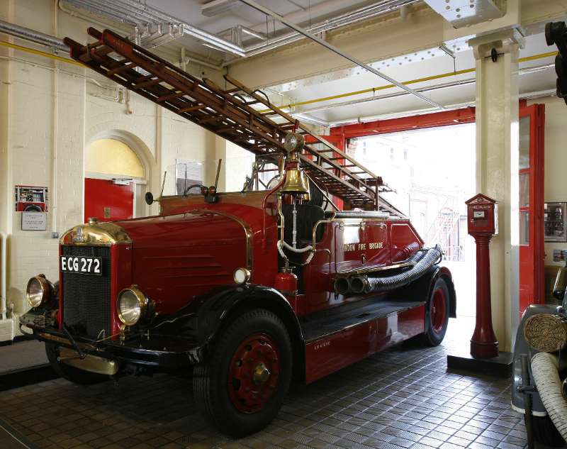 Historical fire engine. Known as a ‘Big 4’ Braidwood-Bodied Fire Engine Pump, manufactured by Dennis around 1941. Pictured in 2009 inside the former London Fire Brigade Museum at Winchester House.