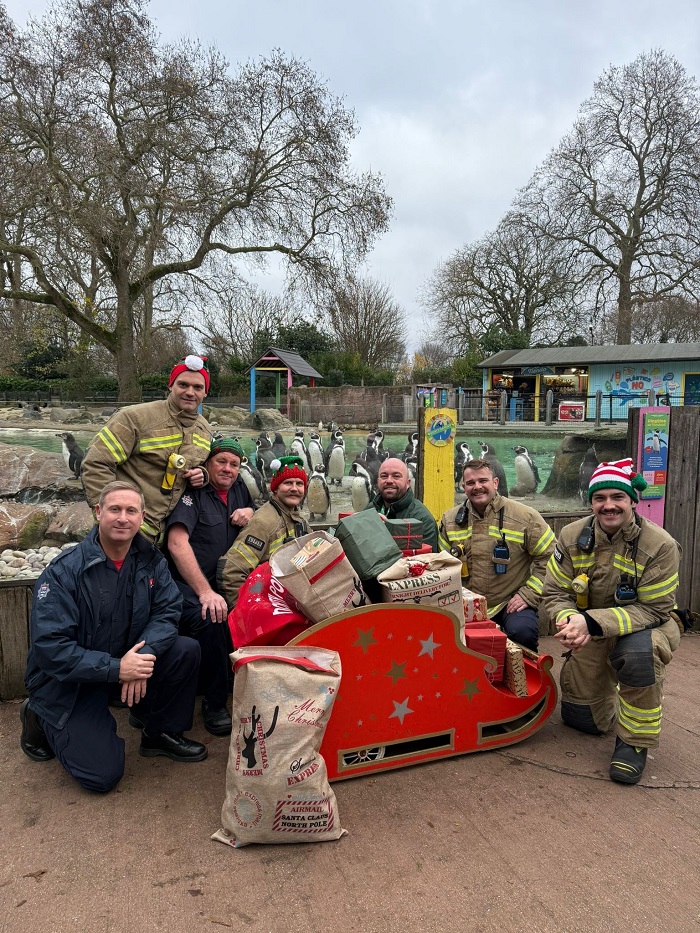 Euston firefighters posing in front of a sleigh filled with presents at London Zoo with penguins in the background.