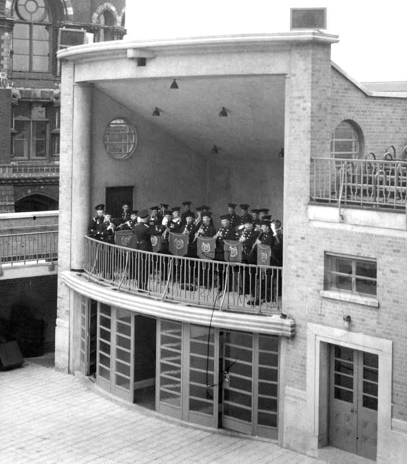 The bandstand at 8 albert embankment, with a brass band playing. 